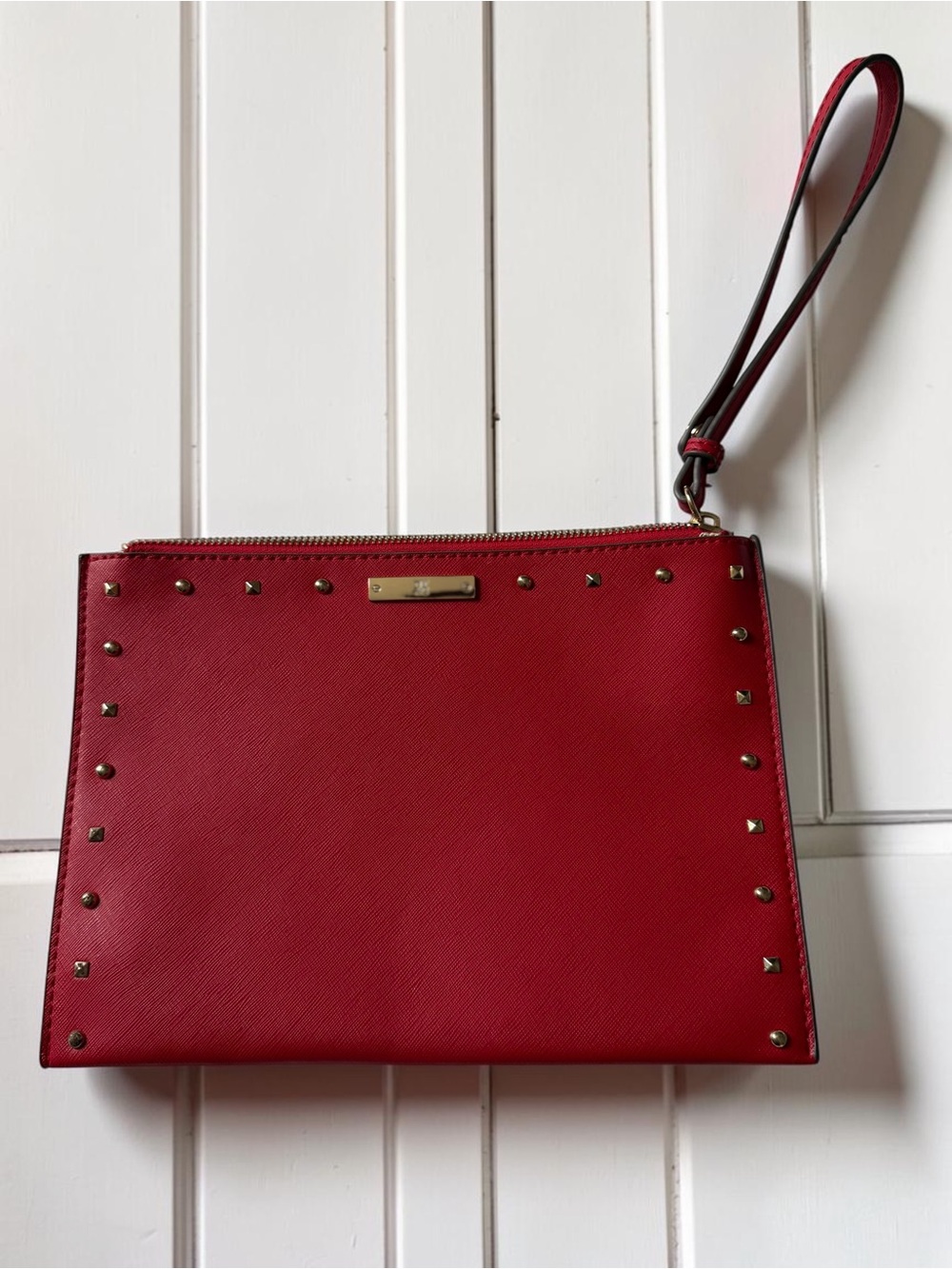 NY&C Red Saffiano Studded Wristlet Clutch Gold Hardware Zip Pouch Wallet